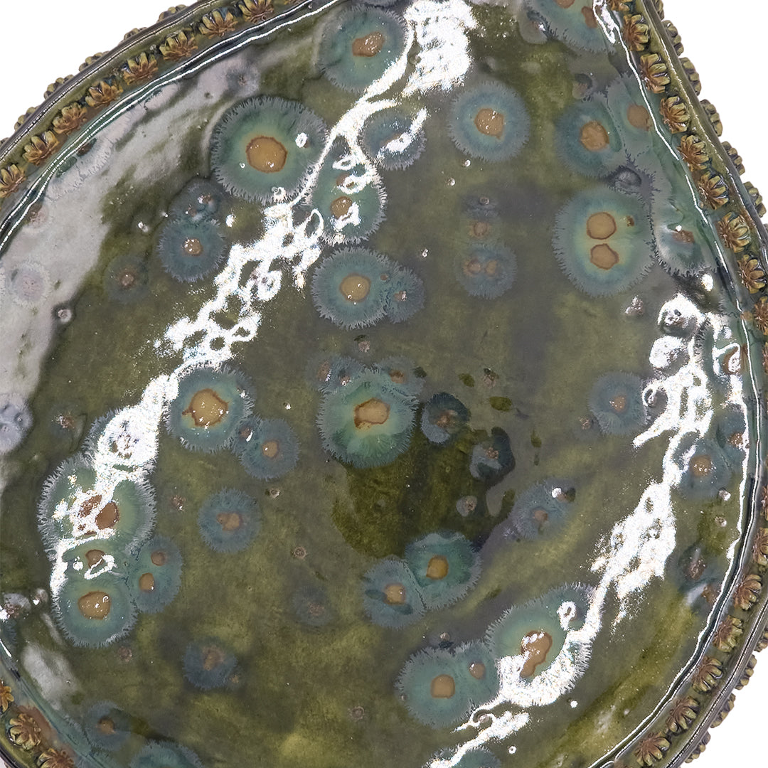Vintage Sage Green Ceramic Serving Platter with Floral Rim/Serving tray/Ceramic Platter