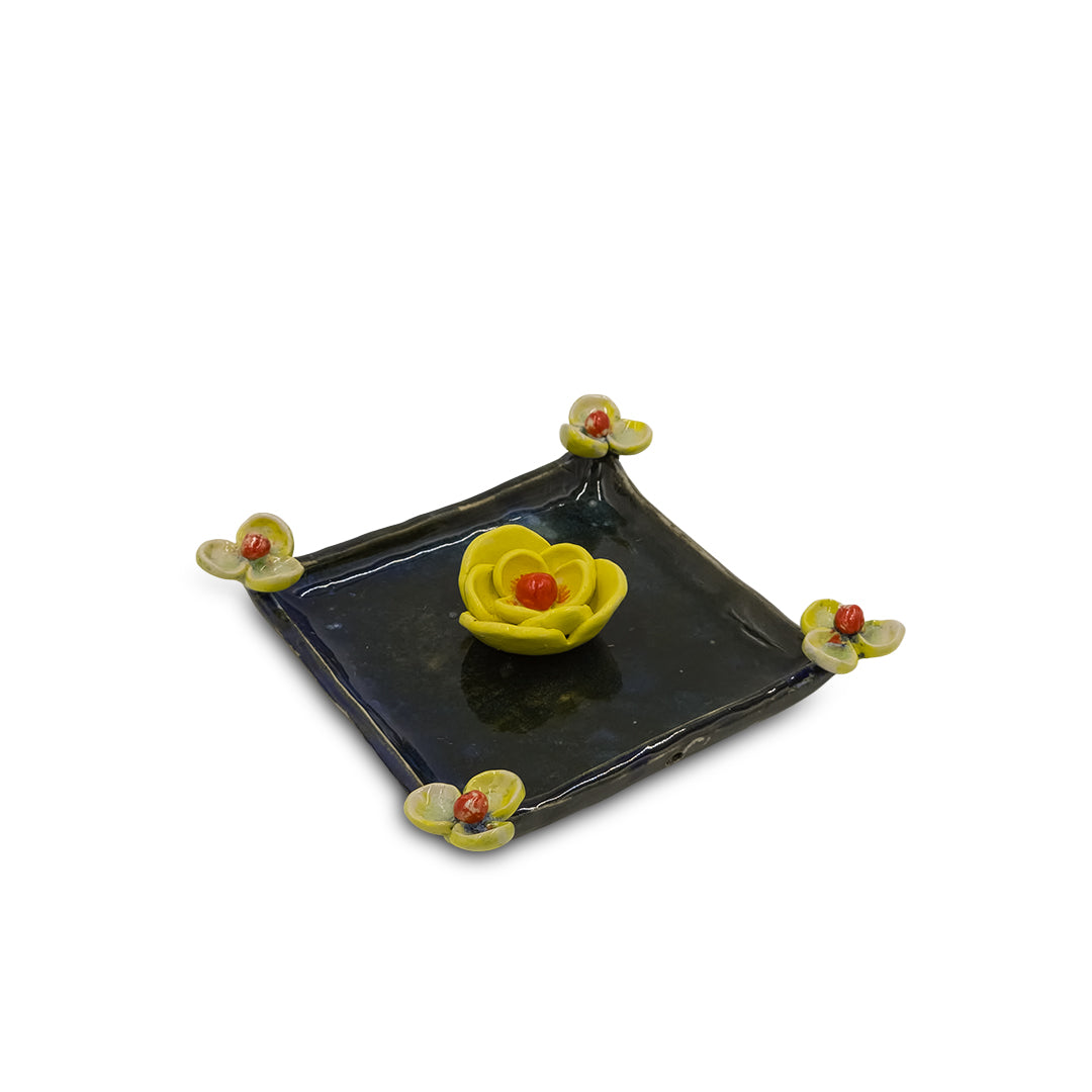 Hand-Painted Blue Ceramic Tissue Holder with Yellow Floral Accents/Ceramic paper holder