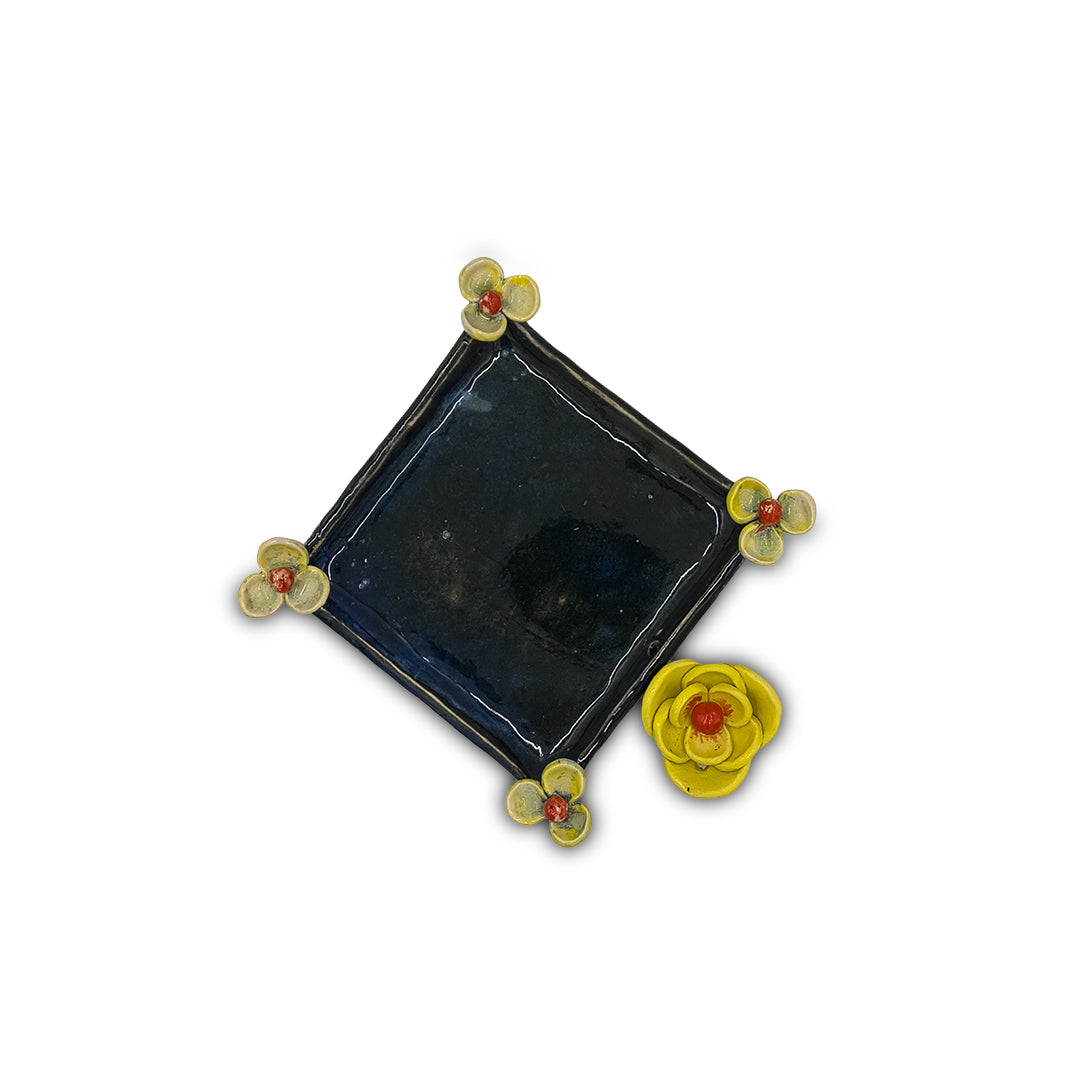 Hand-Painted Blue Ceramic Tissue Holder with Yellow Floral Accents/Ceramic paper holder