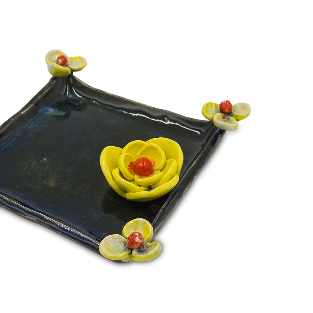 Hand-Painted Blue Ceramic Tissue Holder with Yellow Floral Accents/Ceramic paper holder