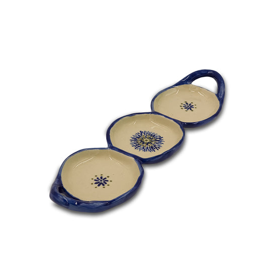 Blue-Rimmed Divided Tray with Star Motifs/Ceramic Tray/Serving Tray