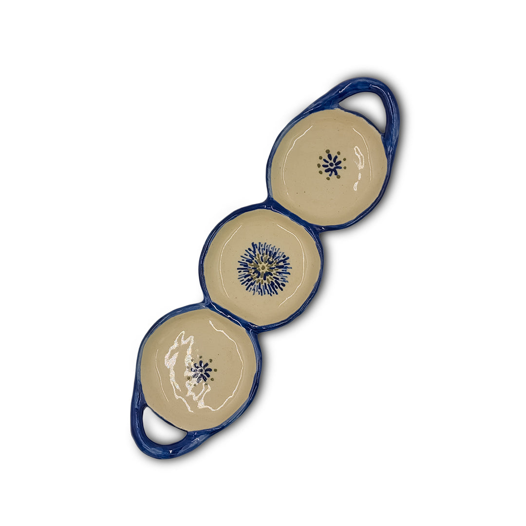 Blue-Rimmed Divided Tray with Star Motifs/Ceramic Tray/Serving Tray