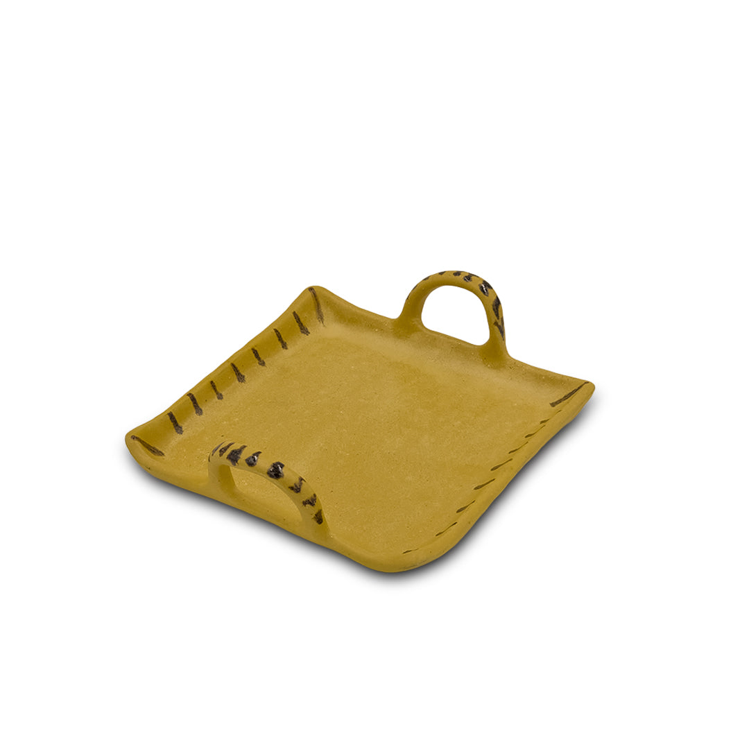 Yellow Square Ceramic Tray with Striped Handles/Ceramic Tray/Serving Tray
