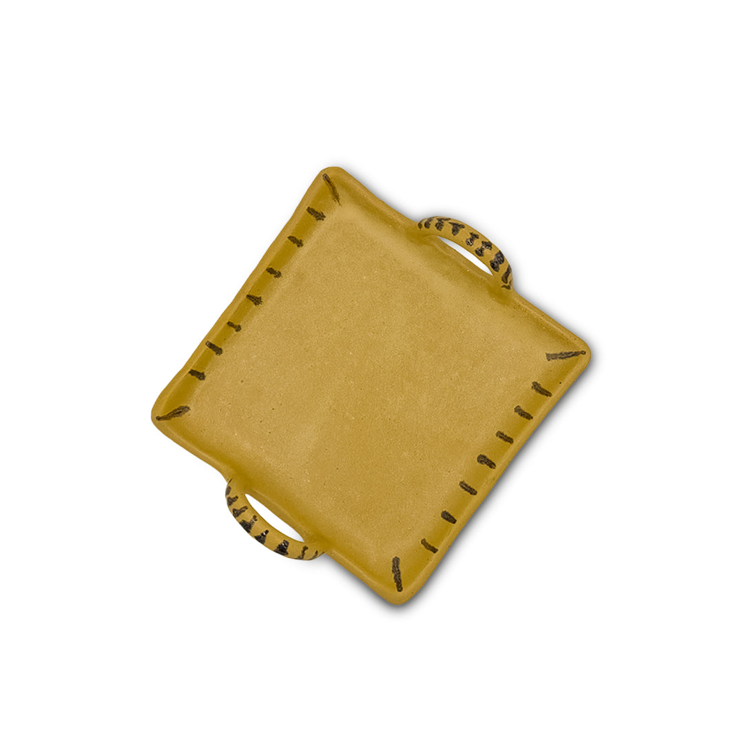 Yellow Square Ceramic Tray with Striped Handles/Ceramic Tray/Serving Tray